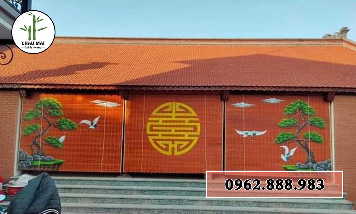 Mành tre son da bồ + Tranh chữ thọ + Tùng hạc